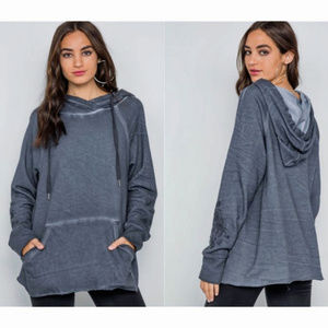 Washed Navy Embroidery Long Distressed Hoodie